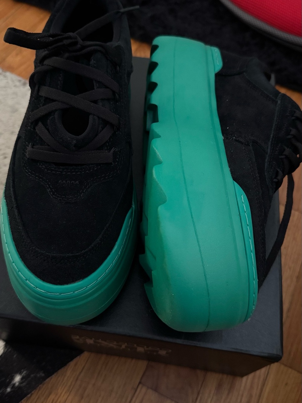 UGG unisex , very rare .Black Suede Sneakers with Teal-Green Sole